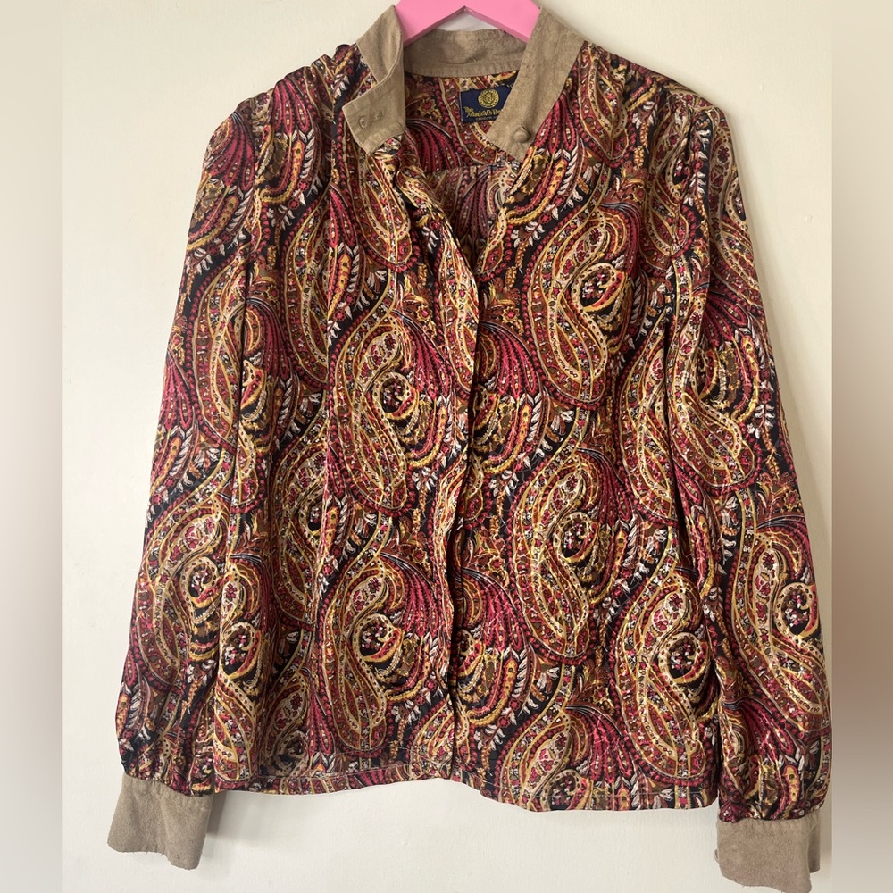 Vintage 90s 80s Paisley Blouse Suede Trim M The Admiral’s Buttons